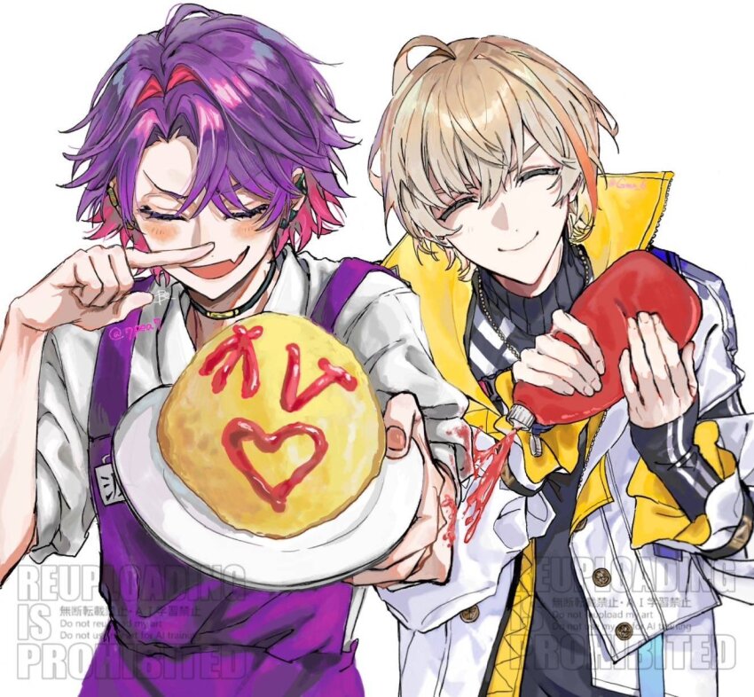 2boys, :d, ahoge, apron, artist_name, black_choker, black_shirt, blonde_hair