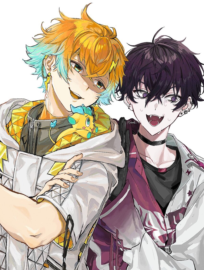 2boys, @_@, antenna_hair, aqua_eyes, aqua_hair, artist_name, black_choker, black_gloves