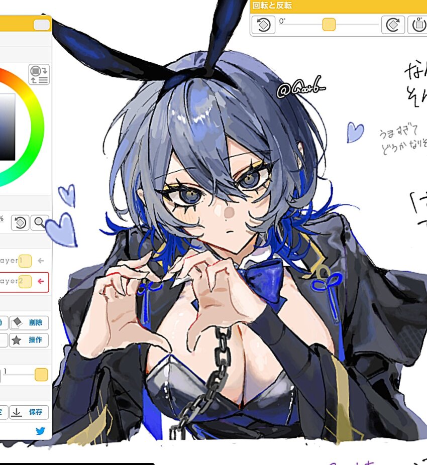 1girl, animal_ear_hairband, animal_ears, art_program_in_frame, artist_name, black_hairband, black_jacket, black_leotard, blue_bow, blue_bowtie, blue_eyes, blue_hair, blush, bow, bowtie, breasts, chain, cleavage, closed_mouth, commentary_request, cropped_torso, detached_collar, expressionless, eyelashes, fake_animal_ears, genderswap, genderswap_(mtf), grey_eyes, grey_hair, hair_between_eyes, hairband, hands_up, heart, heart_hands, highres, jacket, koyanagi_rou, lapels, large_breasts, leotard, long_sleeves, looking_at_viewer, medium_hair, multicolored_eyes, multicolored_hair, nijisanji, open_clothes, open_jacket, or6_(goor6), rabbit_ear_hairband, rabbit_ears, simple_background, solo, strapless, strapless_leotard, twitter_username, two-tone_hair, upper_body, virtual_youtuber, white_background, wing_collar