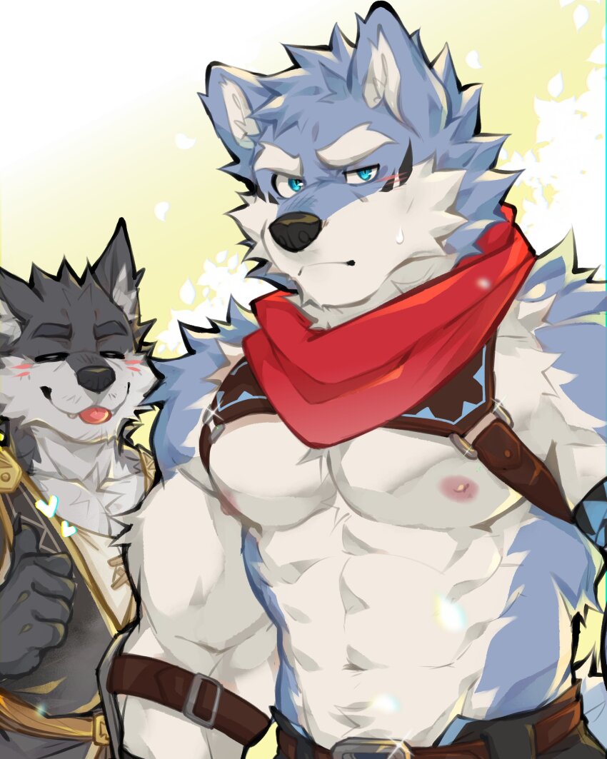 2boys, abs, absurdres, animal_ears, artist_self-insert, bara, blue_eyes, blush