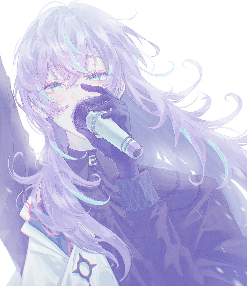 1boy, arm_up, asymmetrical_clothes, bishounen, black_gloves, blue_eyes, blue_hair, commentary, crossed_bangs, eonhwa, floating_hair, gloves, hashtag-only_commentary, highres, holding, holding_microphone, hoshirube_sho, hoshirube_sho_(1st_costume), long_hair, long_sleeves, looking_at_viewer, male_focus, microphone, multicolored_hair, nijisanji, purple_hair, simple_background, sleeve_cuffs, solo, streaked_hair, upper_body, virtual_youtuber, white_background