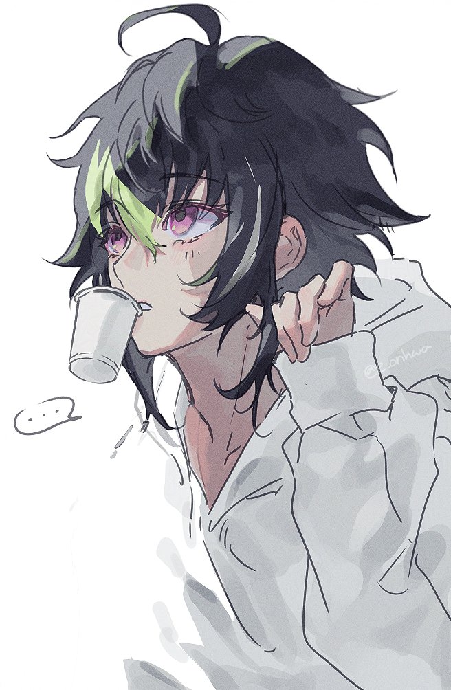 ..., 1boy, arm_up, black_hair, cup, disposable_cup, eonhwa, green_hair