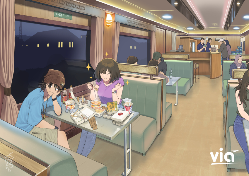 1boy, 1girl, absurdres, aldo_(yudhacakranidji), beanie, black_eyes, black_hair, blue_pants, blue_shirt, booth_seating, breasts, brown_hair, brown_hat, brown_shorts, closed_eyes, closed_mouth, commentary, curtains, denim, diner, eating, elbow_rest, empty_food_container, english_commentary, hand_on_own_cheek, hand_on_own_face, hat, head_rest, highres, holding, holding_spoon, indoors, jeans, jewelry, medium_breasts, nayla_(yudhacakranidji), necklace, night, original, pants, people, purple_shirt, shirt, short_hair, short_sleeves, shorts, signature, sitting, soy_sauce_bottle, sparkle, spoon, t-shirt, table, tooth_necklace, train_interior, watch, wide_shot, window, wristband, wristwatch, yudhacakranidji