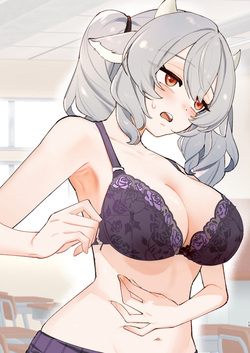 1girl, absurdres, alternate_costume, animal_ears, blush, bra, breasts, chair