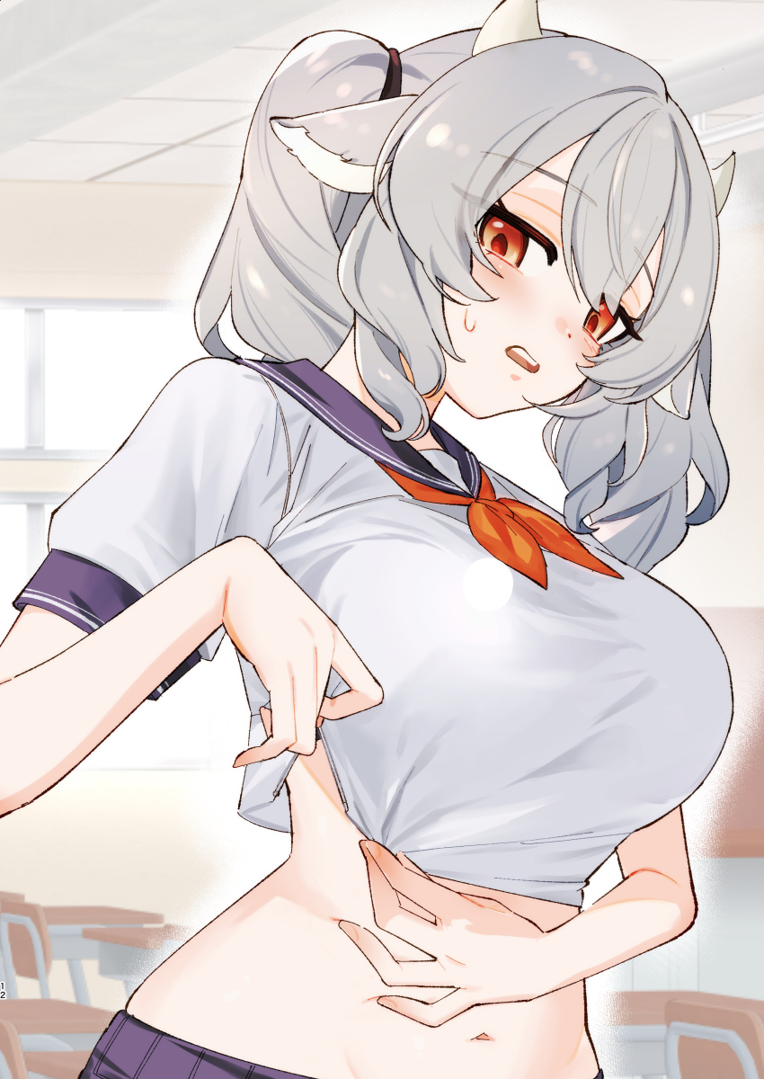 1girl, absurdres, alternate_costume, animal_ears, blue_sailor_collar, blush, breasts, chair