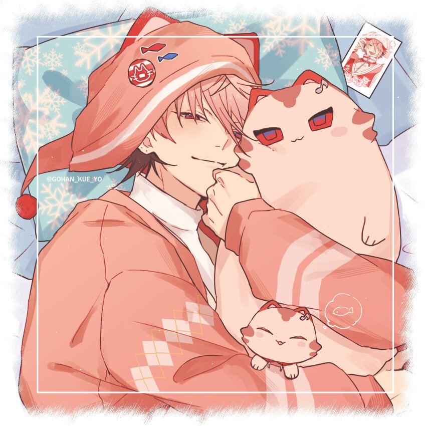 1boy, bed, border, brown_hair, cardigan, closed_mouth, commentary, hashtag-only_commentary, hat, highres, holding, image_in_thought_bubble, long_sleeves, looking_at_viewer, lying, male_focus, mimizuku-san_(seraph_dazzlegarden), multicolored_hair, musical_note, nijisanji, on_side, pillow, pink_cardigan, pink_hair, pink_hat, pom_pom_(clothes), red_eyes, seraph_dazzlegarden, shiba_twst_69, shirt, smile, solo, speech_bubble, thought_bubble, turtleneck, upper_body, virtual_youtuber, white_shirt