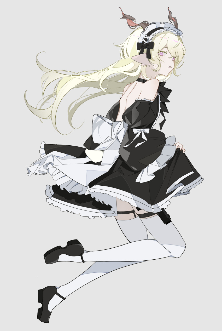 1boy, :o, absurdres, alternate_costume, animal_ears, arknights, backless_dress, backless_outfit, bare_back, bare_shoulders, black_shoes, blonde_hair, chinese_commentary, clothes_lift, commentary, crossdressing, crossdressing_(mtf), detached_sleeves, dress, dress_lift, floating_hair, frilled_dress, frilled_sleeves, frills, full_body, goat_boy, goat_ears, goat_tail, grey_background, hana_soretsu, highres, kreide_(arknights), long_hair, looking_at_viewer, looking_back, maid, maid_headdress, male_focus, male_maid, mary_janes, open_mouth, pink_eyes, puffy_sleeves, shoes, shoulder_blades, shoulder_blush, sideways_glance, simple_background, solo, spiral_horn, tail, thighhighs, trap, white_thighhighs, zettai_ryouiki