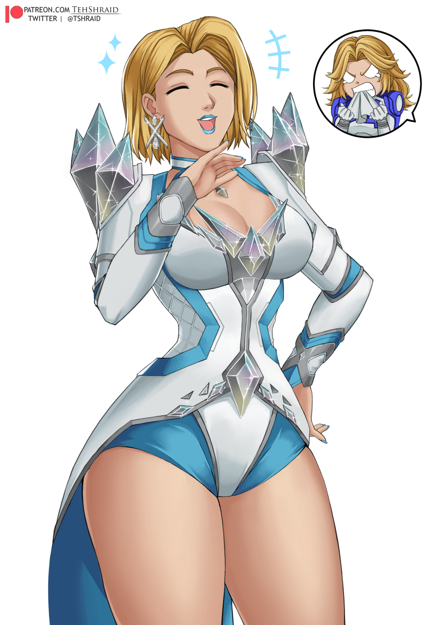 2girls, absurdres, angry, biting, blonde_hair, blue_lips, blue_nails, breasts, emma_frost, hand_on_own_hip, handkerchief, handkerchief_biting, highres, jealous, large_breasts, laughing, marvel, marvel_rivals, multiple_girls, ojou-sama_pose, parody, patreon_username, short_hair, sparkle, sue_storm, tehshraid, thick_thighs, thighs, twitter_username