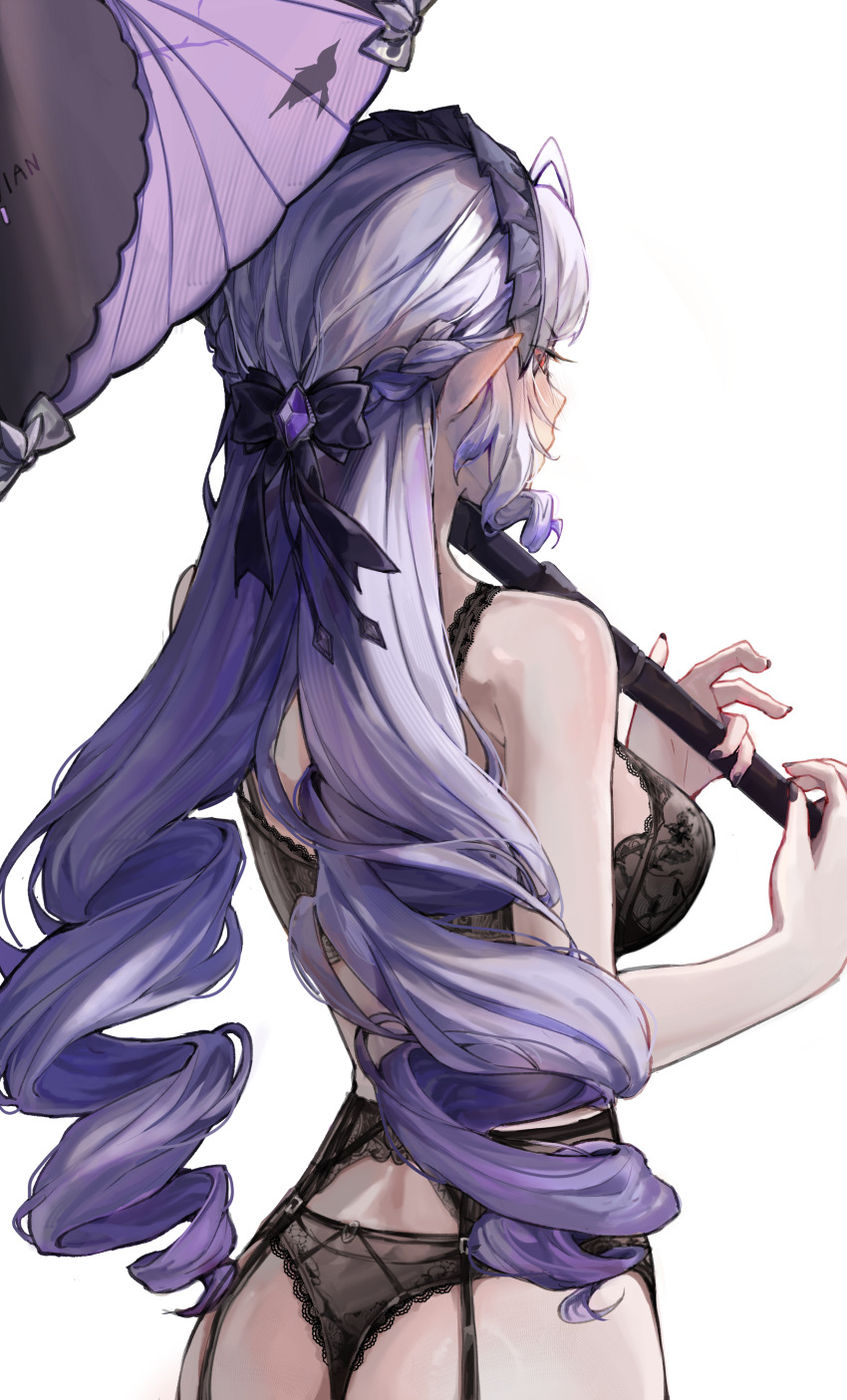 1girl, absurdres, ass, bare_shoulders, black_bow, black_bra, black_garter_belt, black_nails, black_panties, blush, bow, bra, breasts, commentary, cowboy_shot, from_behind, garter_belt, hair_bow, highres, holding, holding_umbrella, konbunyas, lace, lace-trimmed_panties, lace_bra, lace_trim, large_breasts, lingerie, long_hair, looking_at_viewer, looking_back, nail_polish, panties, pointy_ears, purple_hair, purple_umbrella, red_eyes, simple_background, solo, umbrella, underwear, vivian_banshee, white_background, zenless_zone_zero