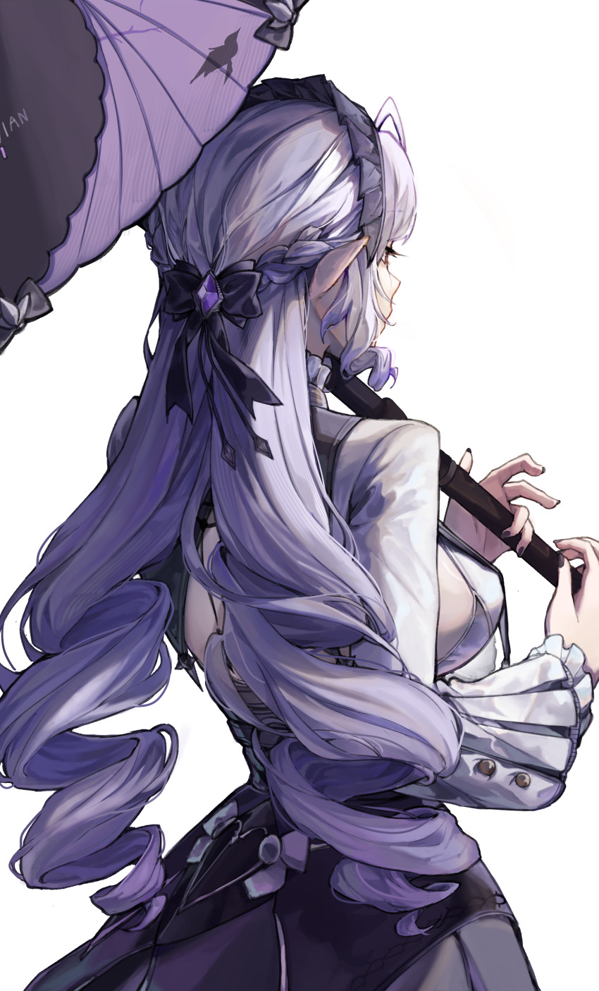 1girl, absurdres, back, black_bow, black_nails, black_skirt, bow, breasts, commentary, cowboy_shot, from_behind, hair_bow, highres, holding, holding_umbrella, konbunyas, large_breasts, long_hair, long_sleeves, looking_ahead, nail_polish, pointy_ears, purple_hair, purple_umbrella, red_eyes, shirt, simple_background, skirt, solo, umbrella, vivian_banshee, white_background, white_shirt, zenless_zone_zero