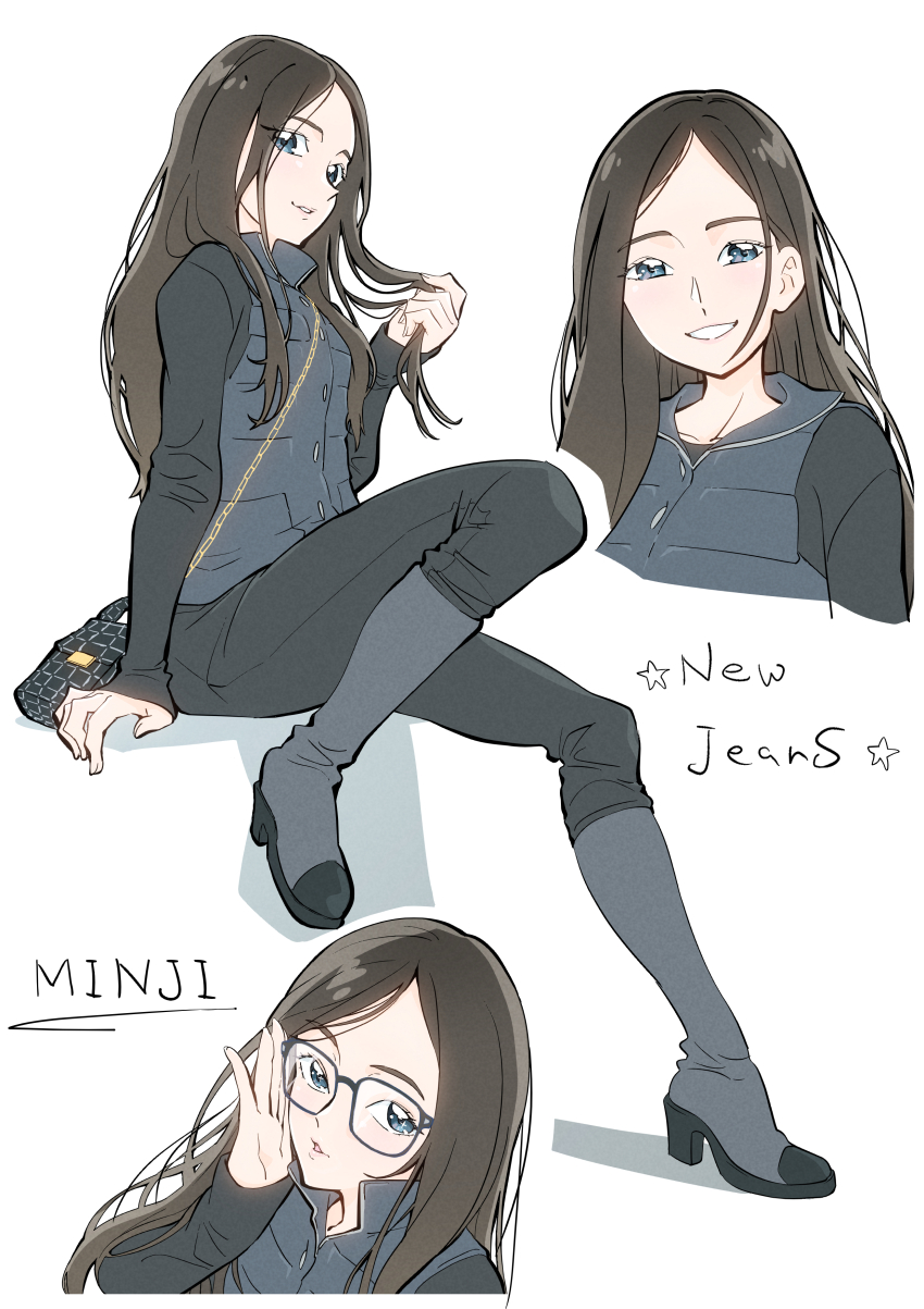 1girl, absurdres, adjusting_eyewear, animification, bag, black_pants, black_shirt, blue_eyes