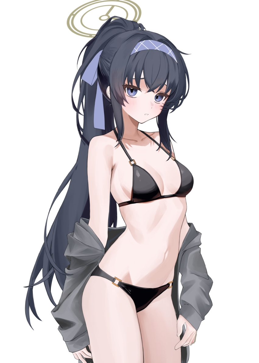 1girl, bags_under_eyes, bikini, black_bikini, black_hair, blue_archive, breasts, brown_halo, cardigan, commentary, cowboy_shot, grey_cardigan, hairband, halo, highres, long_hair, looking_at_viewer, o-ring, o-ring_bikini, official_alternate_costume, ponytail, purple_hairband, ritaiya, simple_background, small_breasts, solo, swimsuit, ui_(blue_archive), ui_(swimsuit)_(blue_archive), white_background
