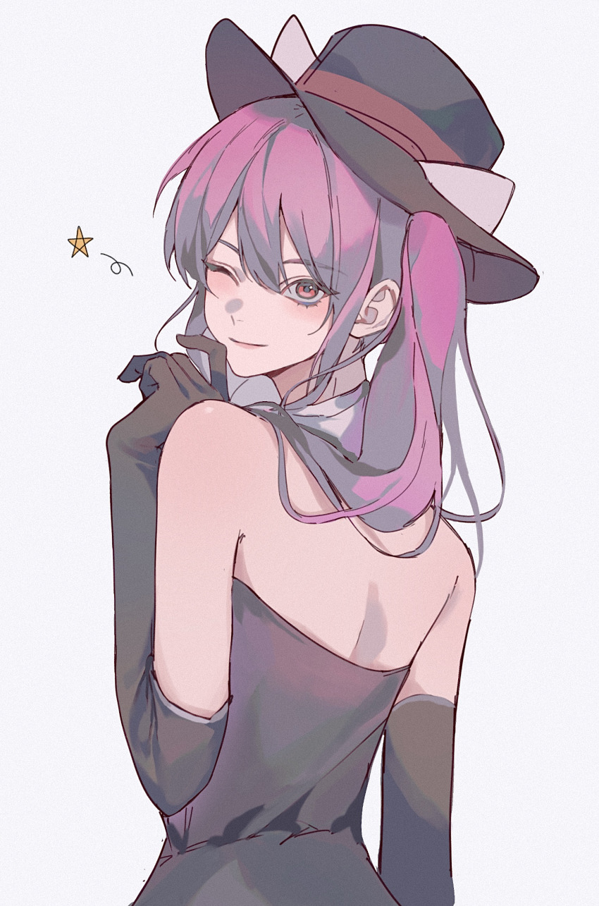 1girl, 54anya, ;), alternate_costume, animal_hat, back, bare_shoulders, black_dress