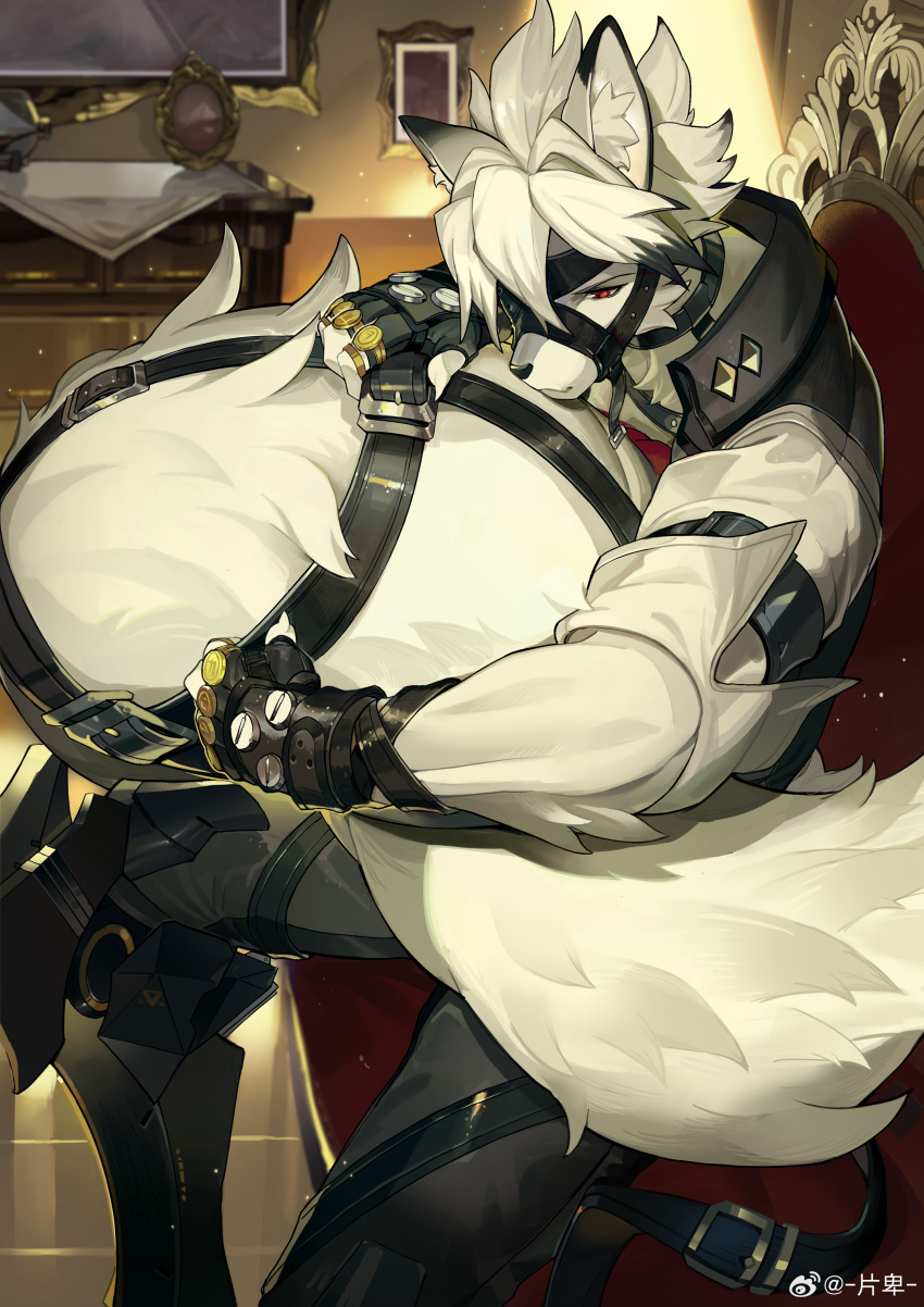 1boy, absurdres, animal_ear_fluff, animal_ears, animal_nose, black_gloves, black_vest, body_fur