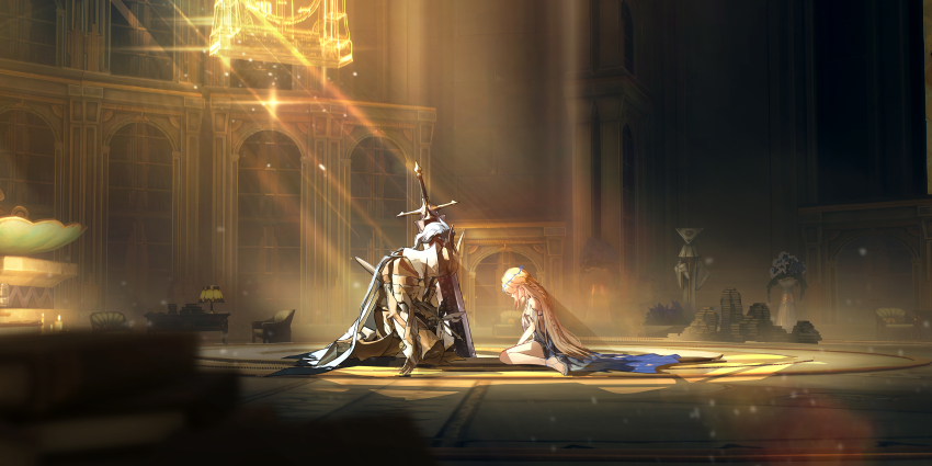 1girl, 1other, absurdres, armor, bare_legs, bare_shoulders, black_dress, blonde_hair