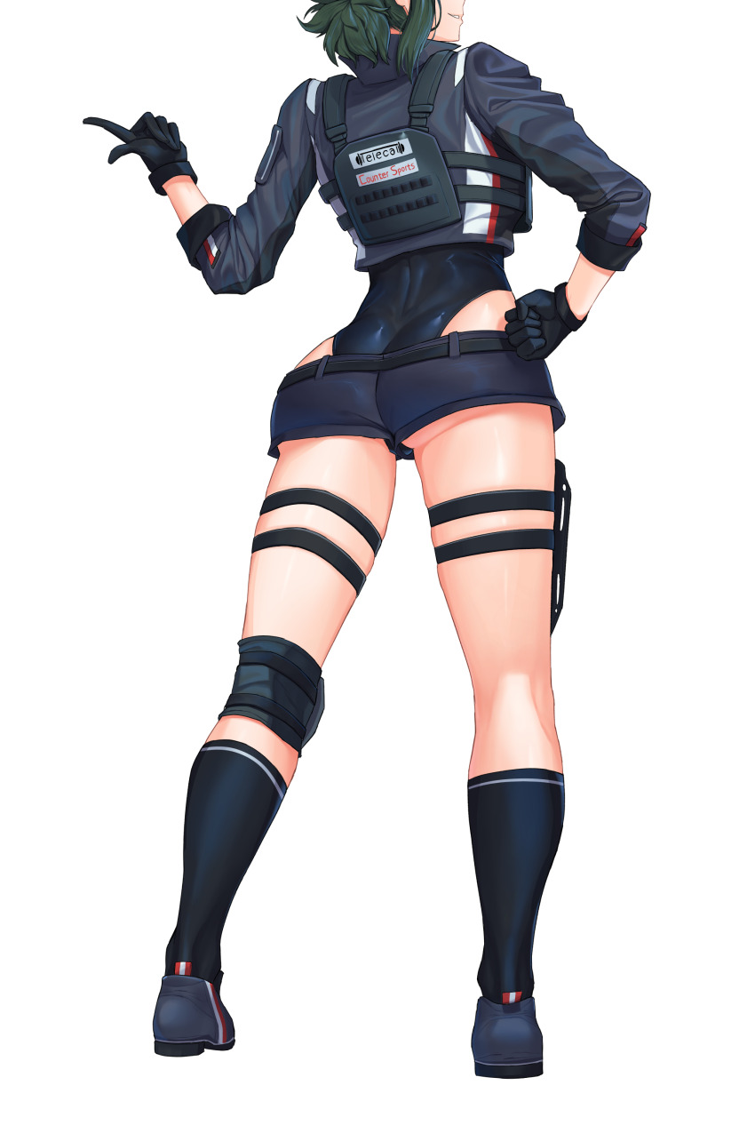 1girl, absurdres, back, black_socks, body_armor, counter:side, fist_on_hip, gloves