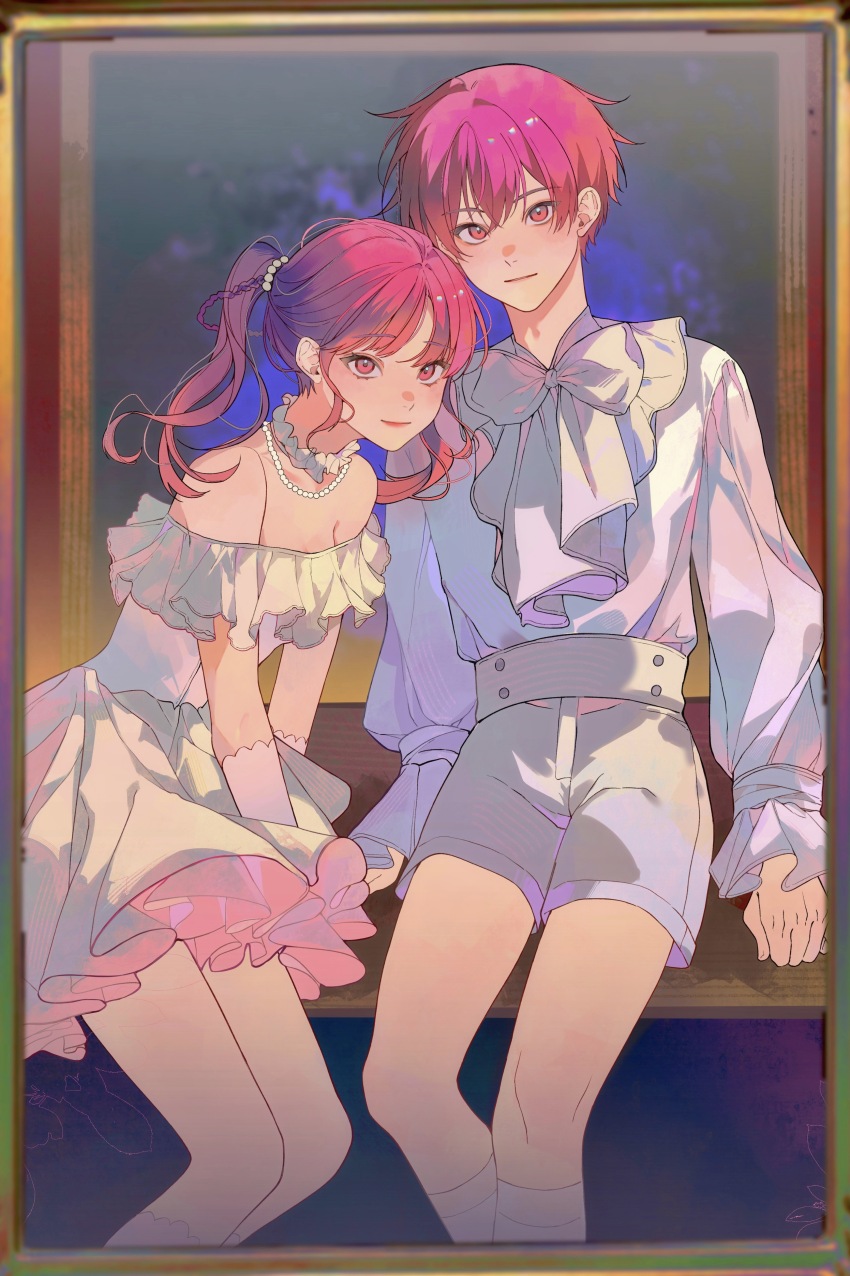 1boy, 1girl, 54anya, absurdres, alternate_costume, bare_shoulders, blush, bow