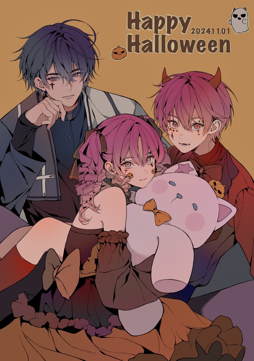 1girl, 2boys, 54anya, absurdres, alternate_costume, bare_shoulders, black_dress, black_shirt