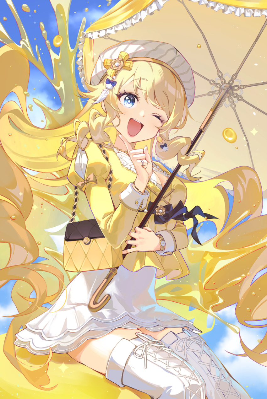 1girl, absurdres, bag, blonde_hair, blue_bow, blue_eyes, blush, boots