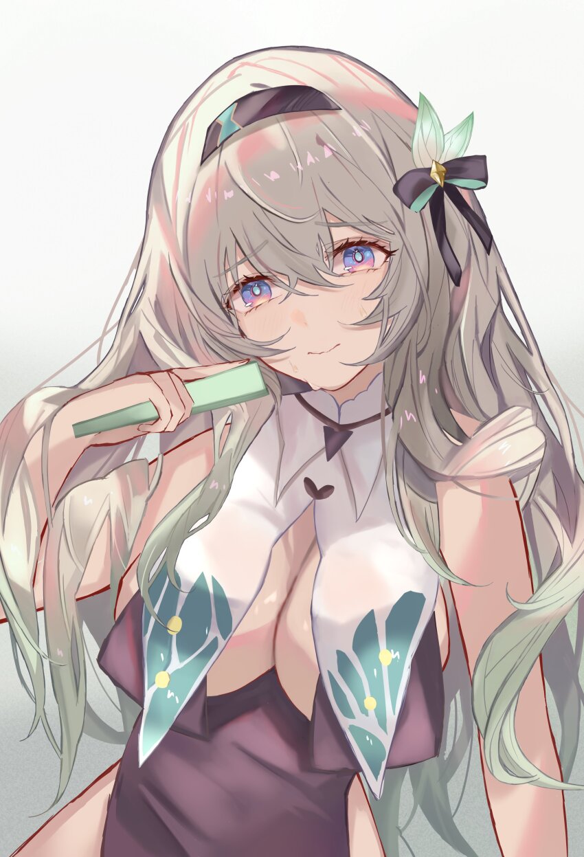 1girl, absurdres, black_hairband, breasts, cleavage, dress, firefly_(honkai:_star_rail), green_pupils