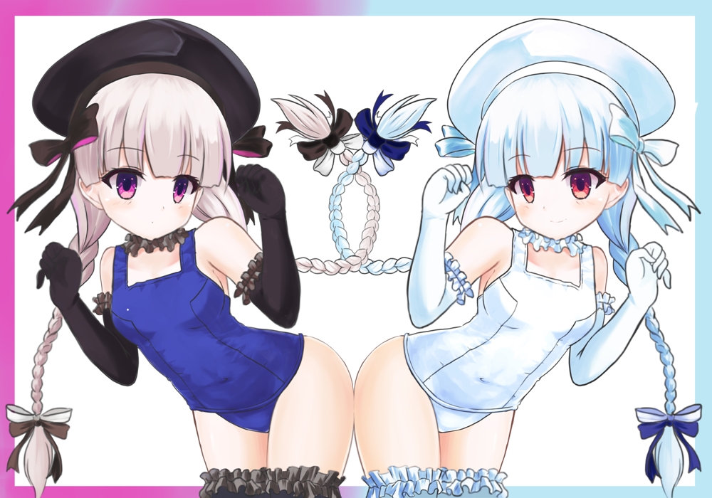 2girls, ali_(wwwwwwrt), alternate_costume, black_gloves, black_ribbon, blue_one-piece_swimsuit, choker, doll_joints, dual_persona, fate/extra, fate/grand_order, fate_(series), frilled_choker, frills, gloves, joints, multiple_girls, nursery_rhyme_(fate), one-piece_swimsuit, pink_eyes, ribbon, swimsuit, white_gloves, white_hair, white_one-piece_swimsuit