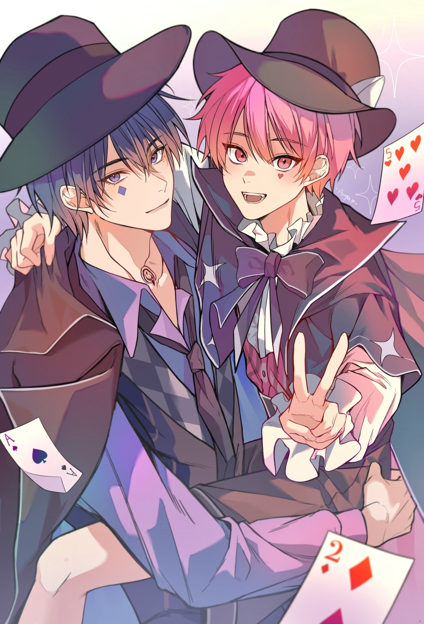 2boys, 54anya, absurdres, ace_(playing_card), alternate_costume, black_cape, black_hair, black_hat