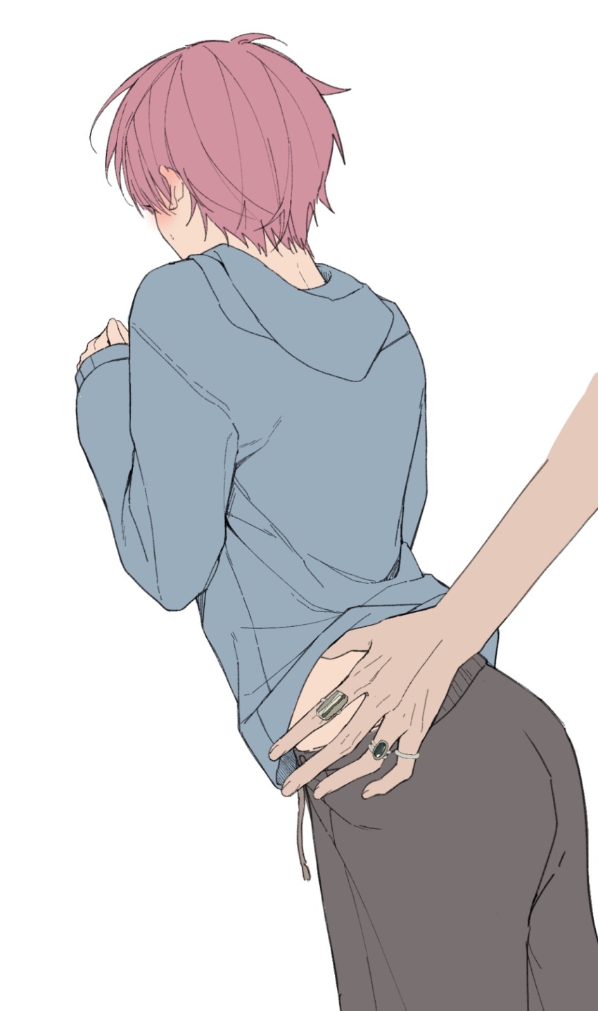 2boys, 54anya, ass, black_pants, blue_hoodie, blush, clothes_lift, from_behind, groping, highres, hood, hood_down, hoodie, jewelry, li_tianchen, long_sleeves, male_focus, multiple_boys, out_of_frame, pants, pink_hair, ring, shiguang_dailiren, short_hair, simple_background, sleeves_past_wrists, solo_focus, sweat, sweatdrop, white_background, yaoi