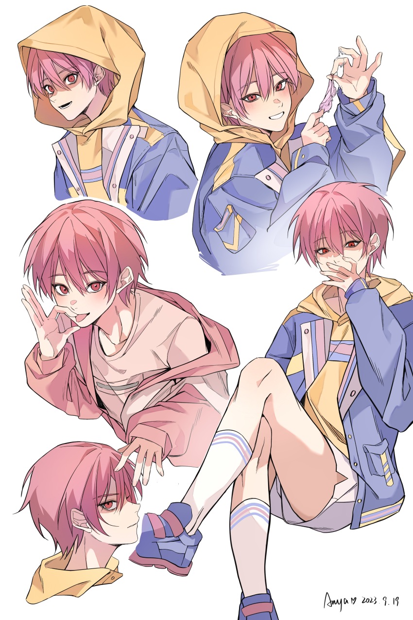 1boy, 54anya, absurdres, artist_name, blue_jacket, blue_shoes, blush, collarbone