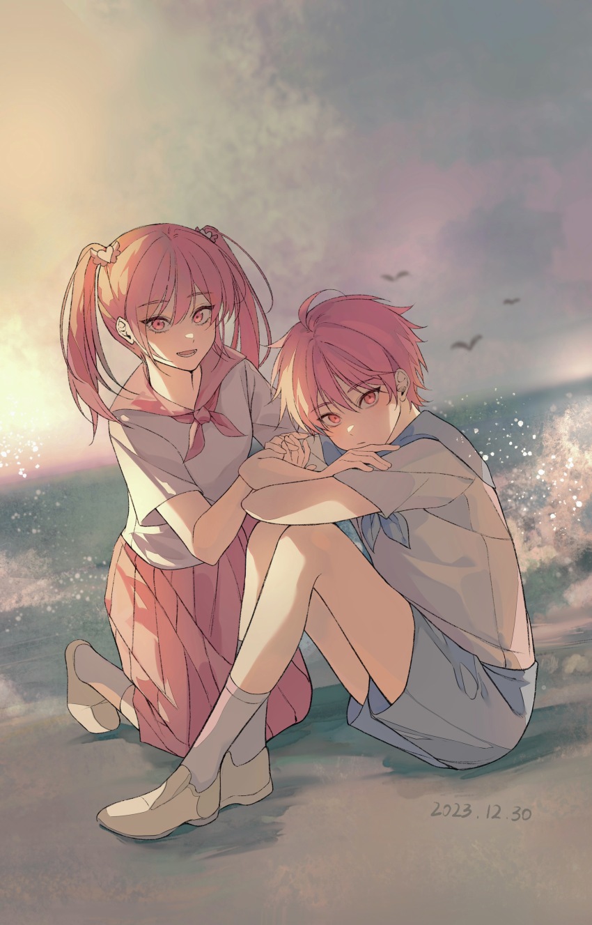 1boy, 1girl, 54anya, absurdres, aged_down, alternate_costume, beach, bird