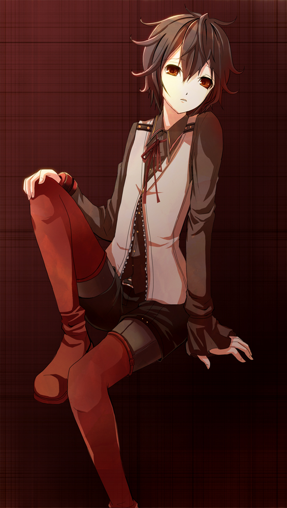 10s, 1boy, androgynous, bad_id, bad_pixiv_id, black_hair, dress_shirt, god_eater, god_eater_burst, long_sleeves, male_focus, orange_eyes, pantyhose, ren_(god_eater), ribbon, shirt, shorts, sleeves_past_wrists, solo, thighhighs, vest, xxrarexx