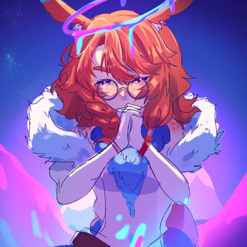 1girl, alune_(alunetrashpanda), animal_ears, aurora_(league_of_legends), blue_background, closed_eyes, facing_viewer, freckles, glasses, highres, league_of_legends, medium_hair, orange_hair, own_hands_together, rabbit_ears, round_eyewear, solo, upper_body
