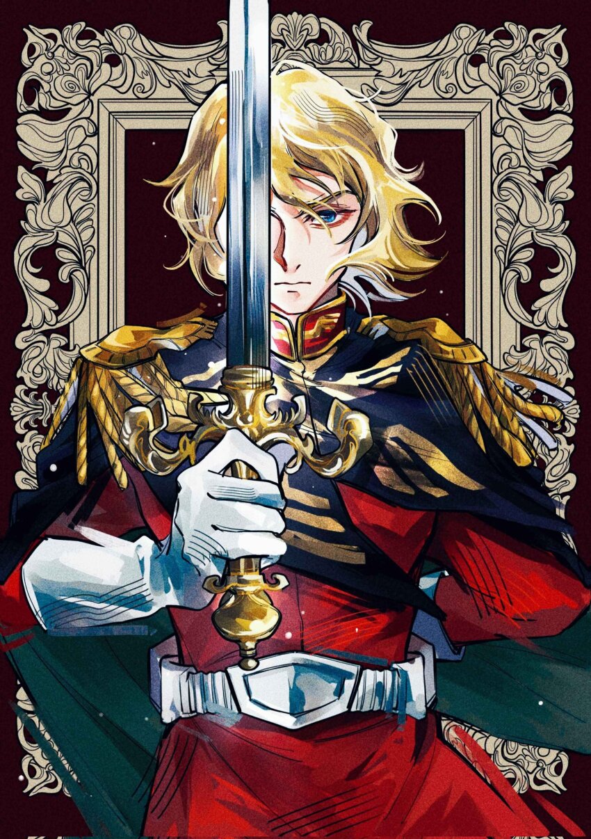 1boy, blonde_hair, blue_eyes, char_aznable, commentary_request, epaulettes, gloves, gundam, gundam_gquuuuuux, highres, holding, holding_sword, holding_weapon, jacket, looking_at_viewer, mikazuki121410, military_uniform, mobile_suit_gundam, picture_frame, red_jacket, serious, solo, sword, weapon, white_gloves, zeon