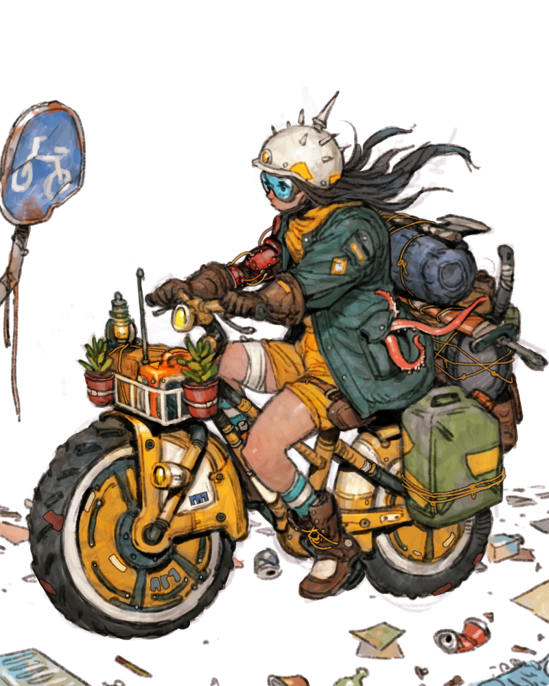 1girl, bandages, black_hair, boots, brown_boots, brown_gloves, coat, crushed_can