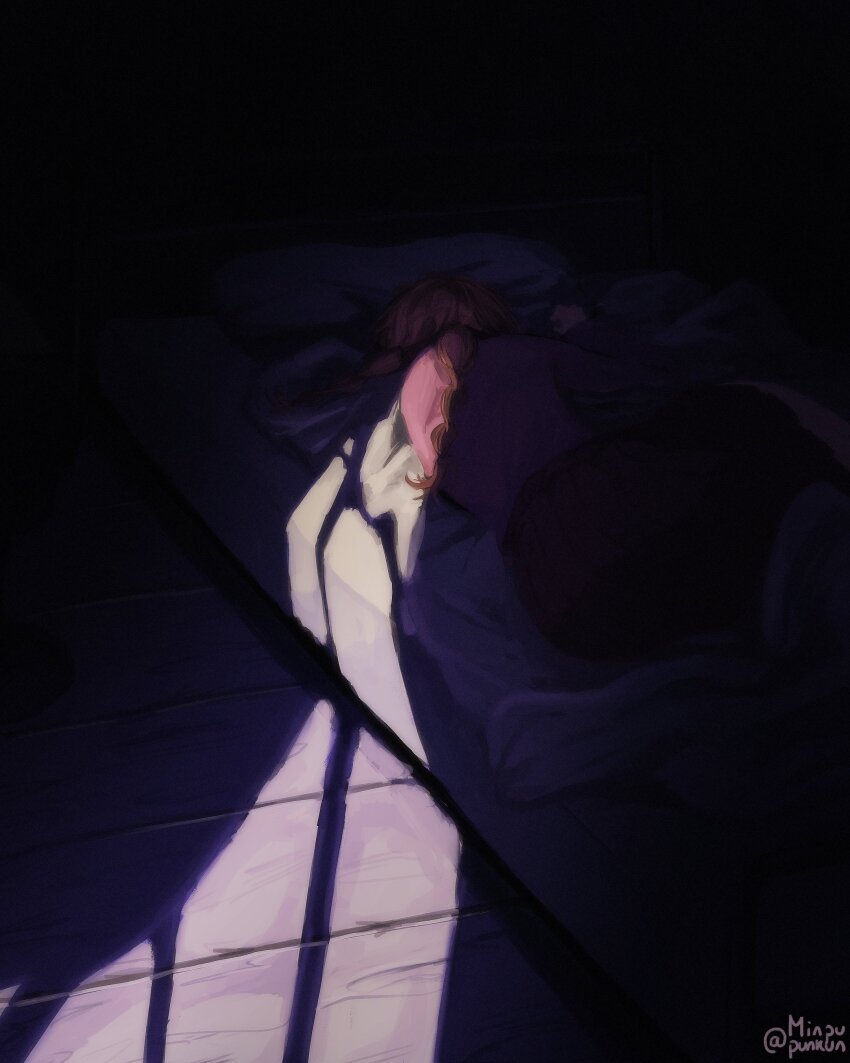 1girl, absurdres, artist_name, bed, braid, brown_hair, crack_of_light, dark, feet_out_of_frame, film_grain, from_behind, highres, long_hair, lying, madotsuki, minpupunkun, on_side, pink_sweater, red_skirt, skirt, sleeping, solo, sweater, twin_braids, yume_nikki