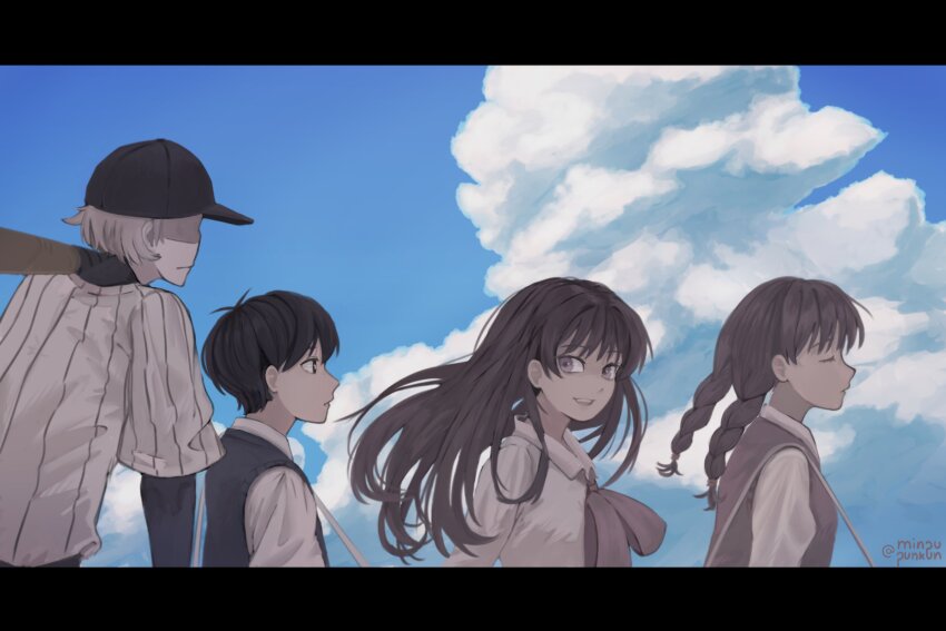 2boys, 2girls, artist_name, ascot, baseball_bat, baseball_cap, baseball_uniform, black_eyes