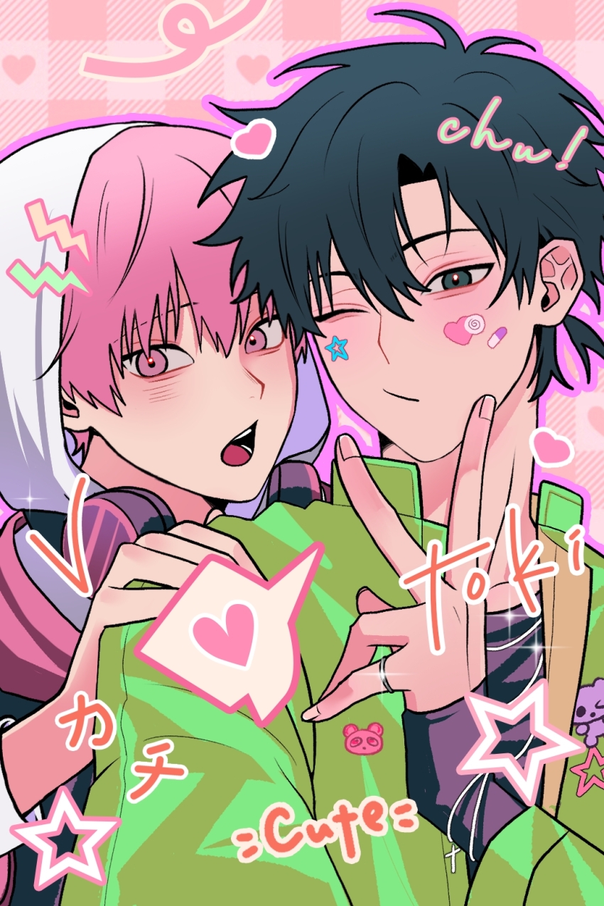 2boys, alternate_costume, black_eyes, black_hair, black_shirt, blush, cheng_xiaoshi, closed_mouth