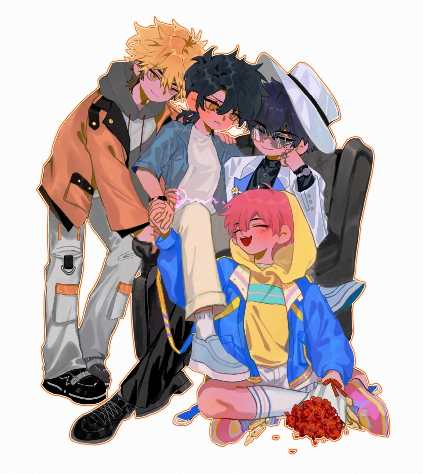 4boys, black_hair, black_pants, black_shirt, black_shoes, blonde_hair, blue_hair, blue_jacket