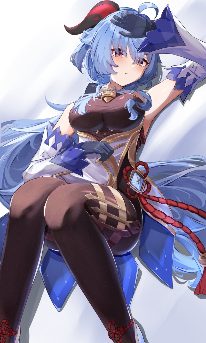1girl, absurdres, ahoge, armpits, bare_shoulders, black_pantyhose, blue_hair, breasts