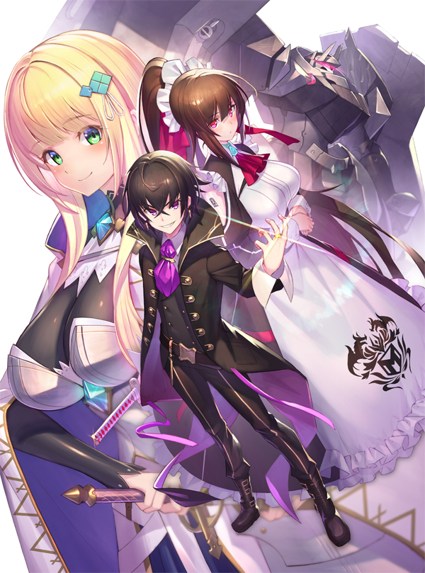 1boy, 2girls, amagi_(oreaku), black_coat, black_hair, black_vest, blonde_hair, blush