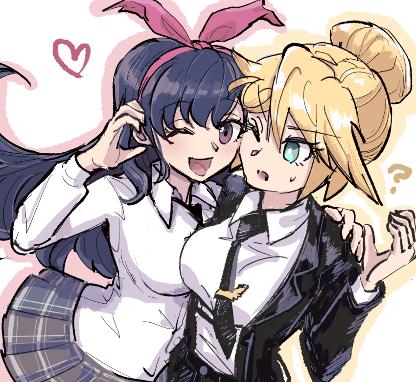 2girls, blonde_hair, hair_bun, hair_ribbon, highres, ira_(magicami), magicami, mejiri