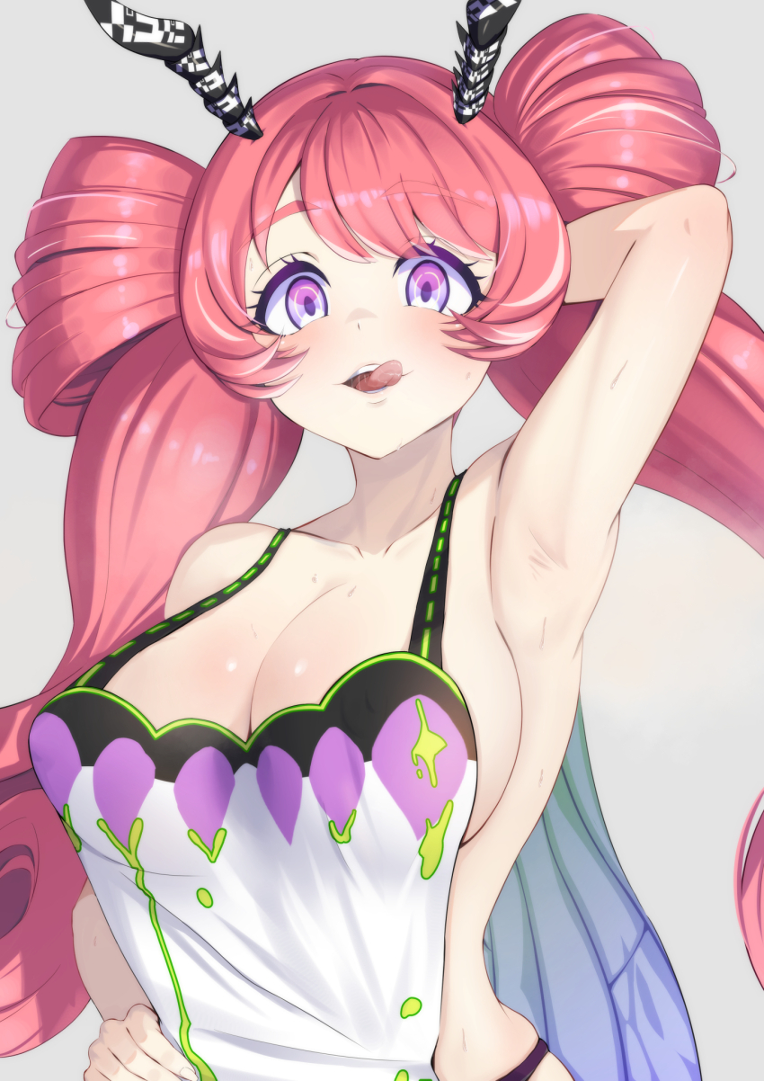 1girl, antennae, apron, armpits, arms_behind_head, breasts, demon_girl, gula_(magicami)