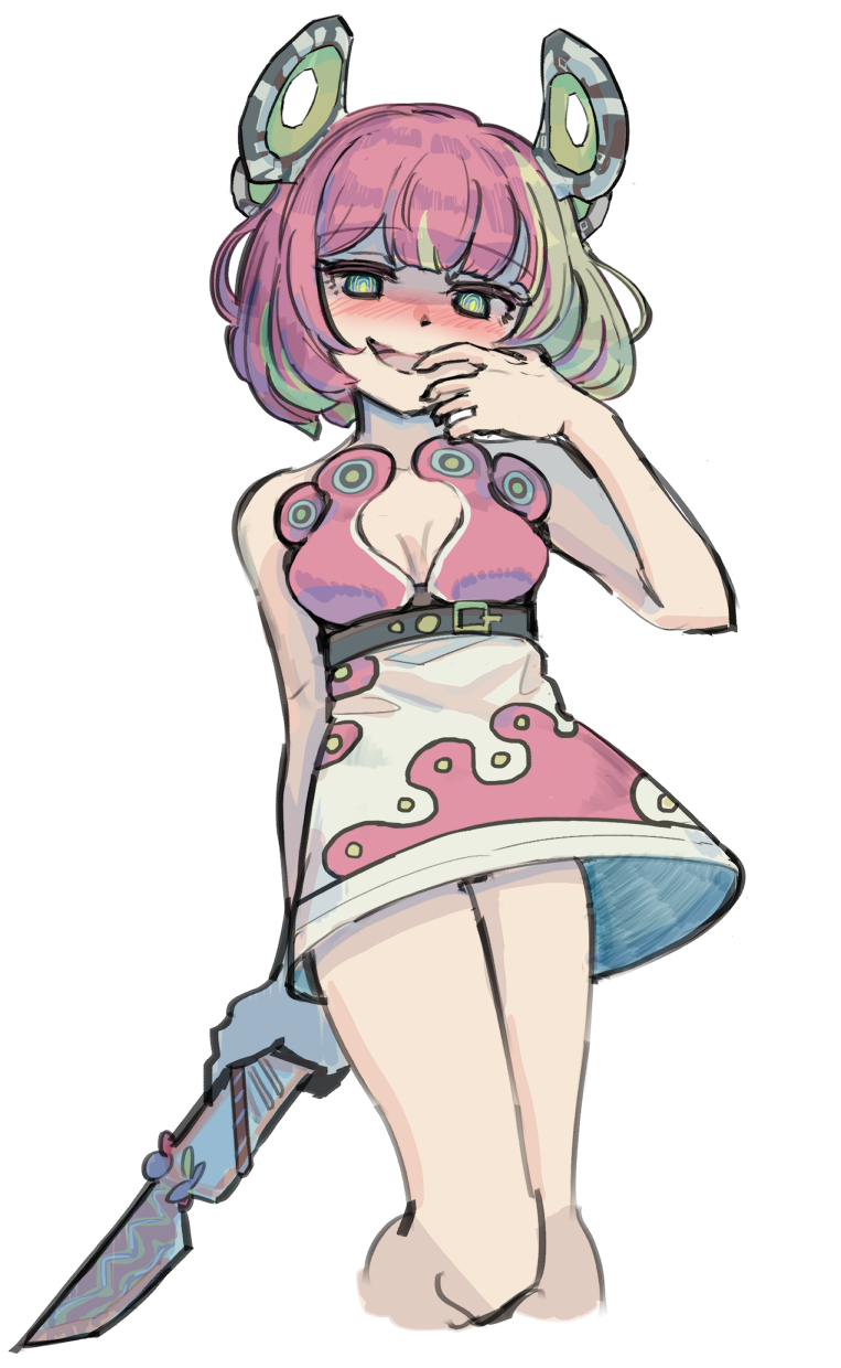 1girl, avaritia_(magicami), blush, breasts, cleavage, dress, hand_on_own_face, highres, holding, legs, looking_at_viewer, magicami, medium_breasts, mejiri, multicolored_hair, two-tone_hair