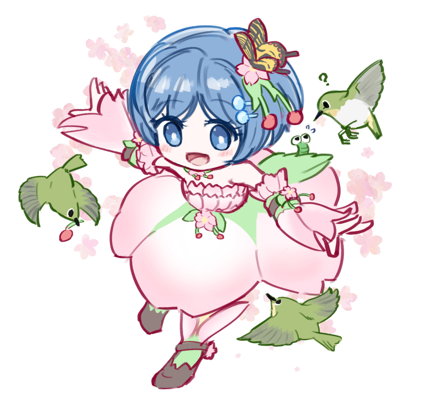 1girl, bird, blue_eyes, blue_hair, bug, butterfly, hair_ornament, highres