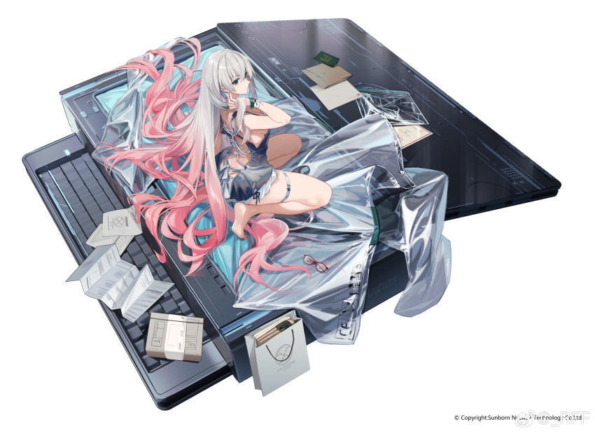 1girl, adjusting_hair, arrow_(symbol), awakening_(neural_cloud), bag, barefoot, box, breasts