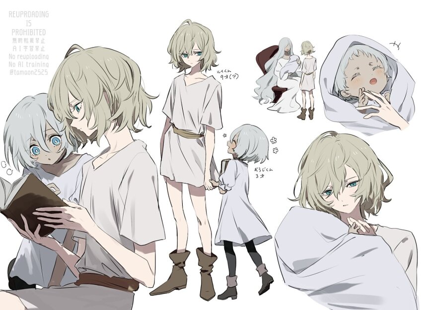 1girl, 2boys, aged_down, baby, black_boots, black_leggings, blonde_hair, blue_eyes