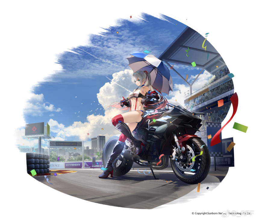 1girl, black_boots, blue_sky, boots, breasts, building, chinese_commentary, cloud