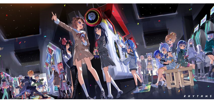 >_<, 2boys, 6+girls, absurdres, allison_(vivid/stasis), allison_allister, animal_ears, arcade