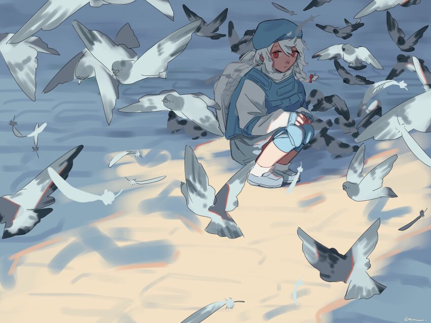 1girl, beret, bird, blue_hat, braid, fingerless_gloves, gloves, grey_skirt