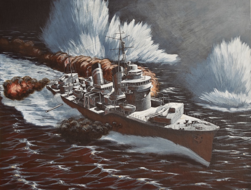 absurdres, acrylic_paint_(medium), atelier_bono, ayanami_(destroyer), battle, destroyer, explosion, firing