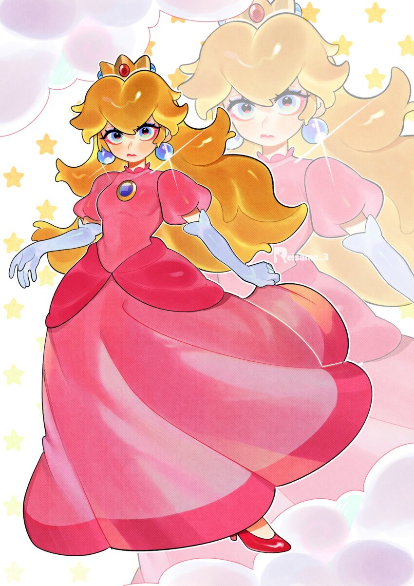 1girl, artist_name, blonde_hair, blue_eyes, blue_eyeshadow, blue_gem, breasts, chest_jewel, crown, dress, earrings, elbow_gloves, eyeshadow, full_body, gem, gloves, high_heels, highres, jewelry, long_dress, long_hair, looking_at_viewer, makeup, mario_(series), medium_breasts, nintendo, no_socks, pink_dress, princess, princess_peach, puffy_short_sleeves, puffy_sleeves, pumps, red_gem, red_shoes, reisame, shoes, short_sleeves, small_breasts, solo, sparkle, white_gloves